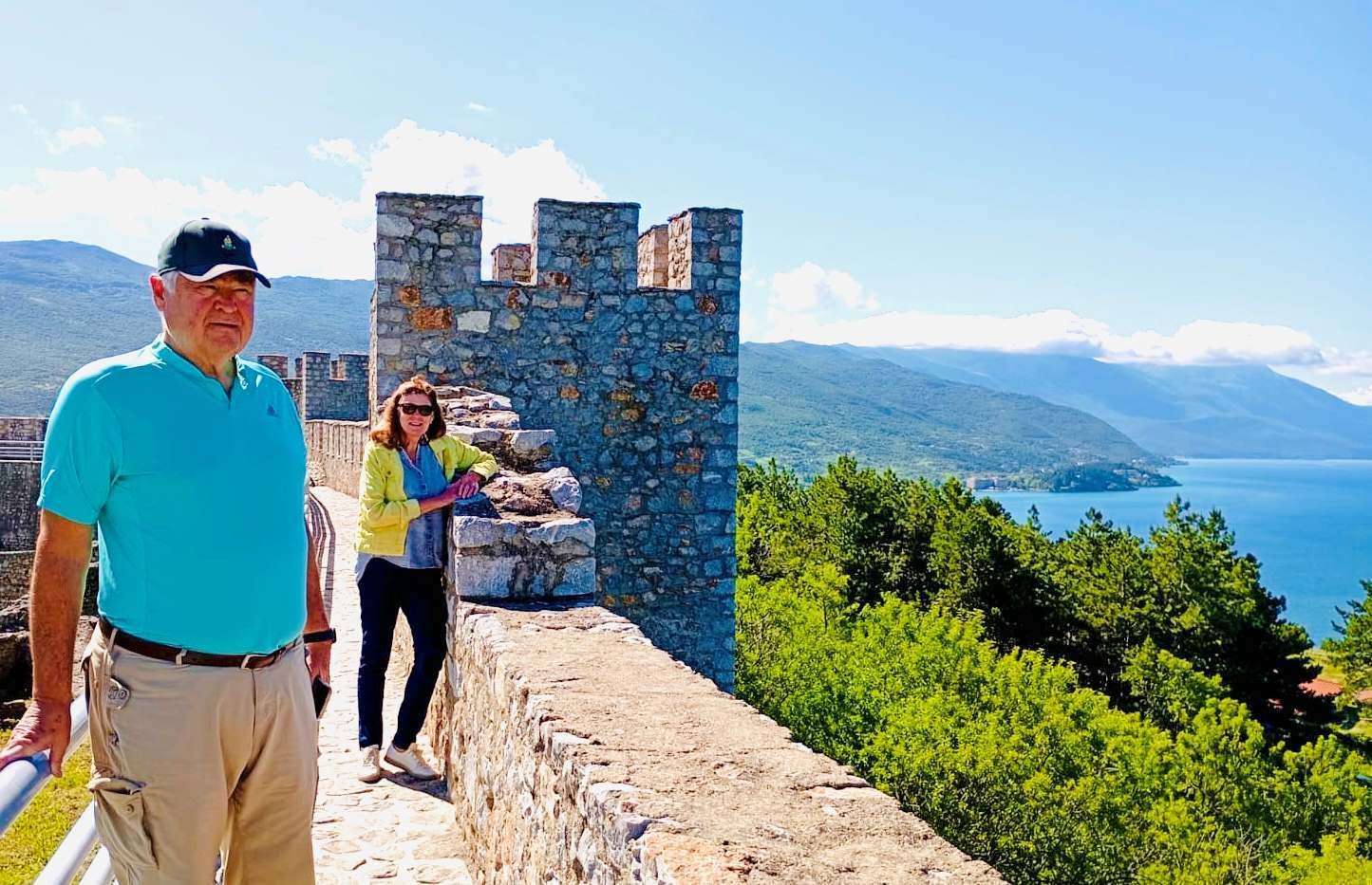 Cos and Robin on top of a castle overlooking Lake Ohrid in North Macedonia